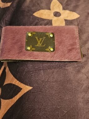 Upcycled Real Leather Mauve Haircalf Monogram Card Holder with Gold Plaque